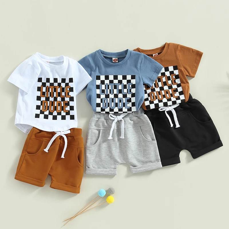 Infant Baby Boy Summer Clothes Suits Outfits Checkerboard Letter Print