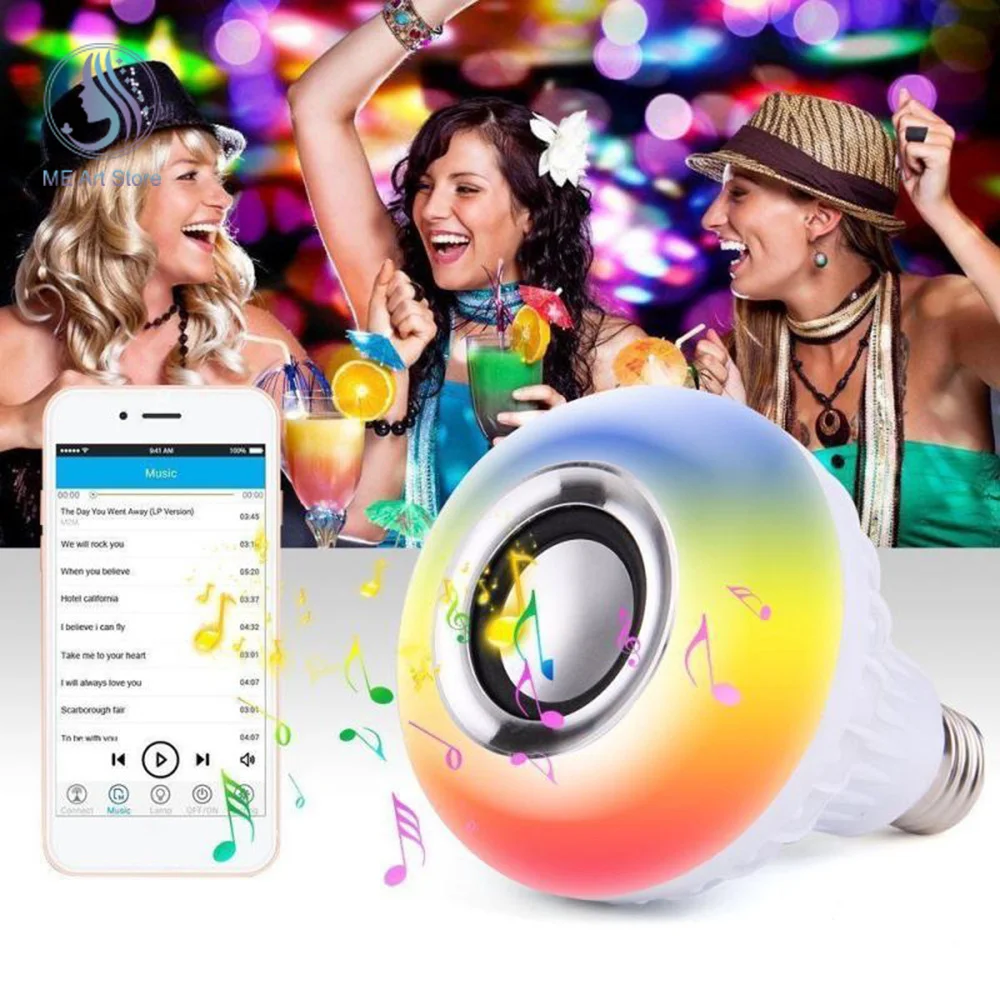 

E27 RGB Bluetooth музыкальная лампа, светодиодная умная лампочка, лампочка с беспроводным дистанционным управлением со звуком, красочная фотолампа для дома