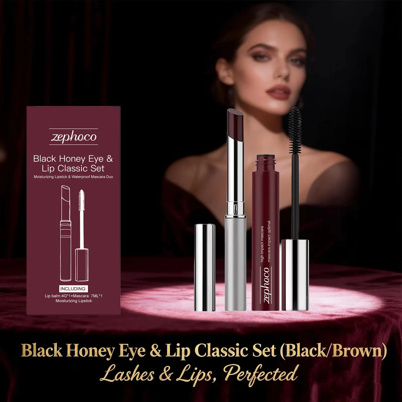 Black Honey Eye & Lip Classic Set Curling Mascara Moist Silky Plump Glossy Lipstick Waterproof Anti‑Fading 3D Lips Cosmetic Kit