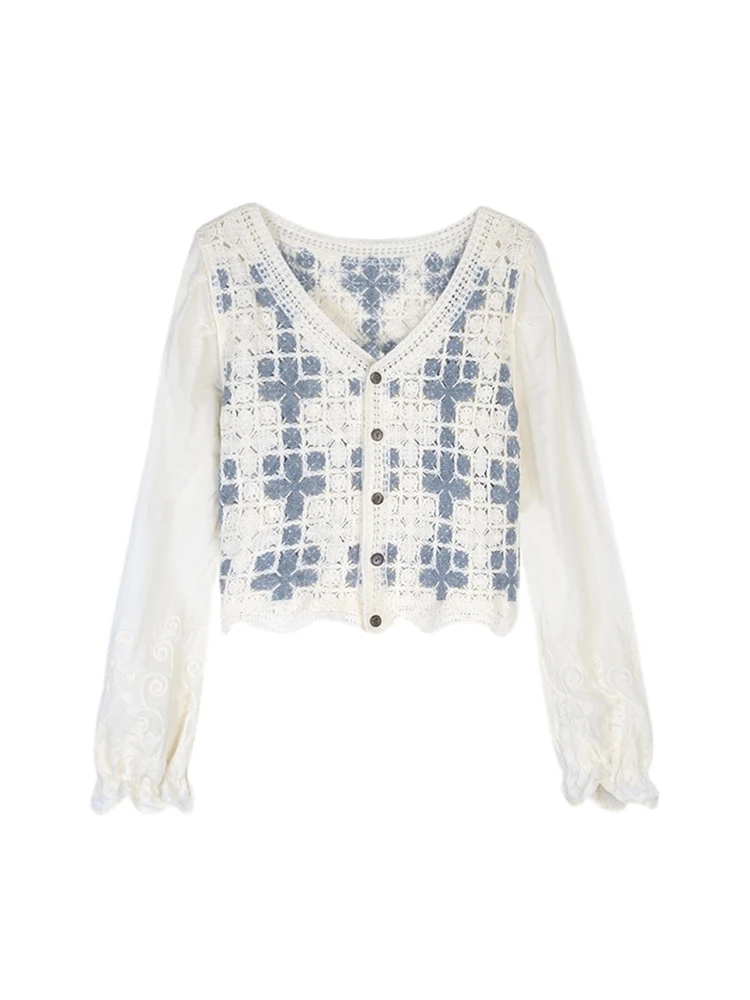 

French Style Retro Women Patchwork Shirt 2023 Fashion New Aesthetic Plaid Design Blouses Female V-neck Casual Clothes Cozy Chic