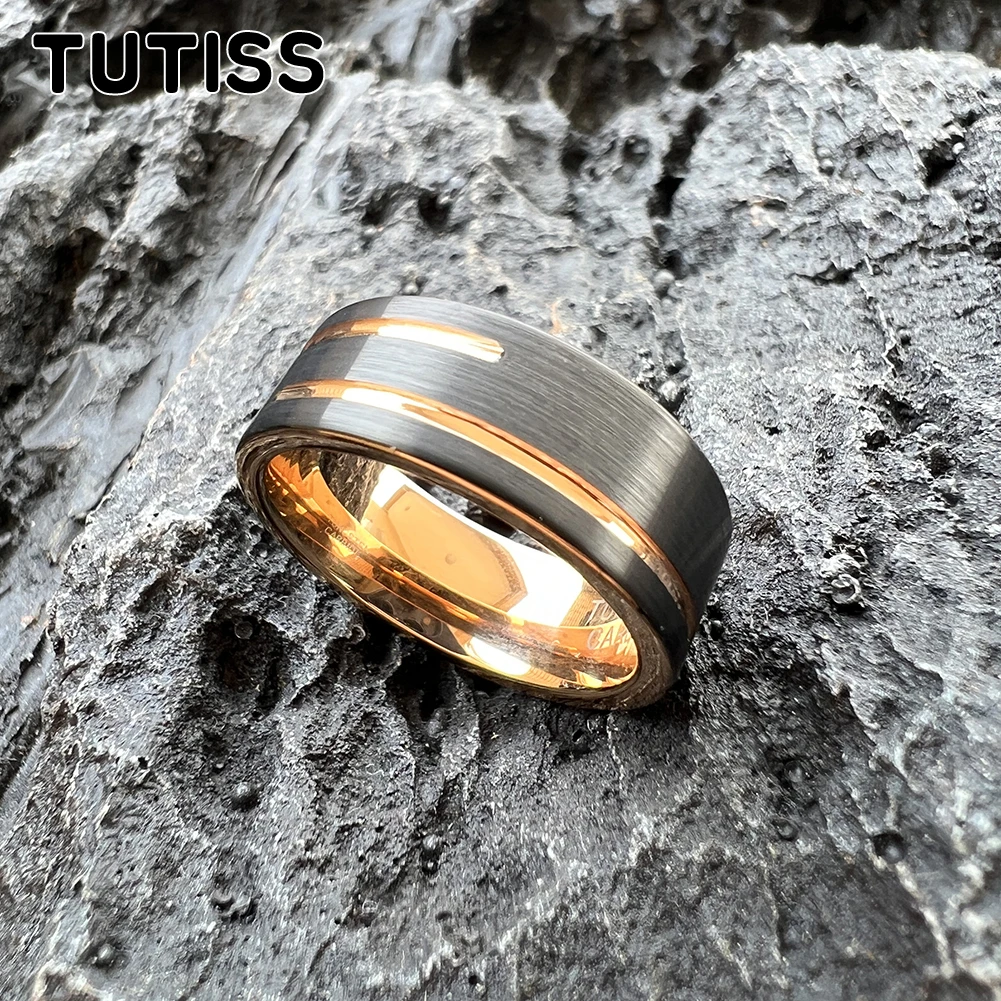 TUTISS 8mm Two Colors Cool Men Women Ring Tungsten Wedding Band With Special Groove Finish Comfortable Fit