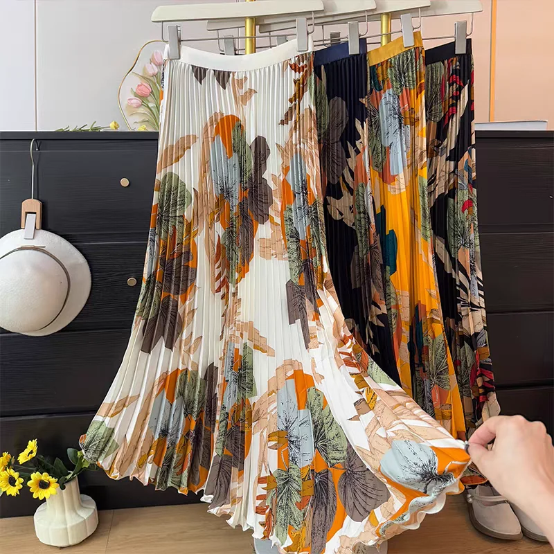 Sweet Floral Pleated Skirts for Tall Women Spring Autumn Classic High Waist A-Line Maxi Skirt with Full Swing