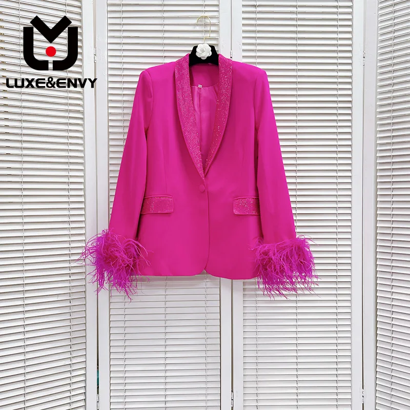 

LUXE&ENVY Heavy Industry Hot Diamond Collar V-Neck One Button Shoulder Pad Detachable Feather Ostrich Hair Suit Coat 2023 Autumn