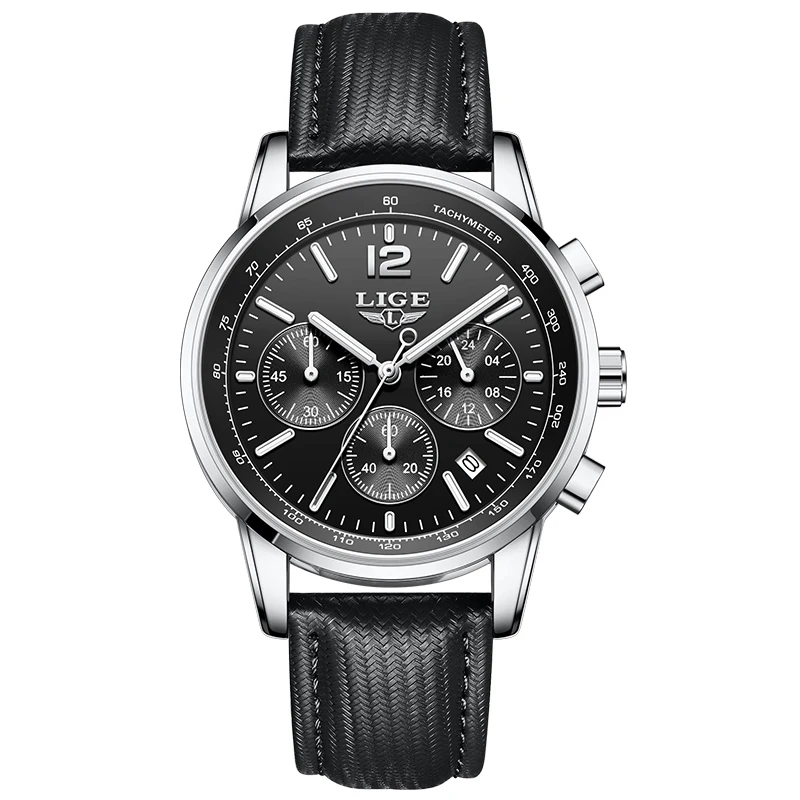 Luxury Men's Leather Watch - LIGE Chronograph Sport Waterproof with Gift Box
