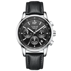Luxury Men's Leather Watch - LIGE Chronograph Sport Waterproof with Gift Box (Black)