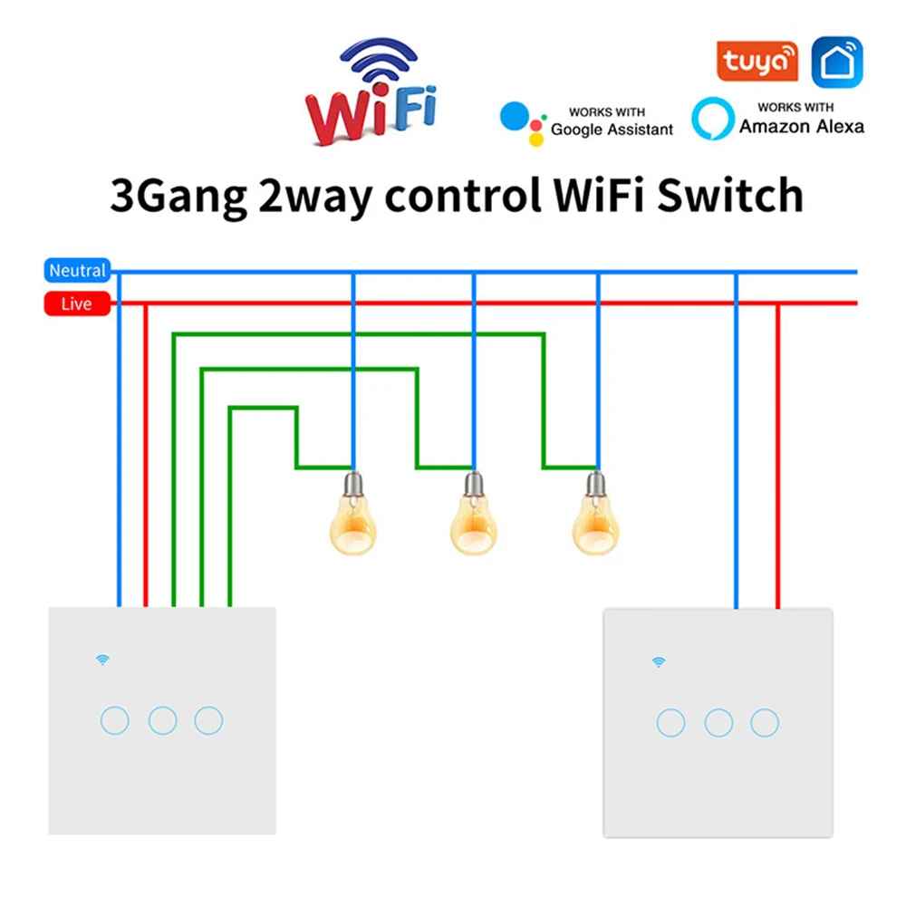Wifi สมาร์ท 2way สวิทช์ 1gang 2gang 3gang สองทางสวิทช์สัมผัสผนังเสียงและ Smart Life TUYA APP ควบคุมสําหรับบันไดทางเดิน 1