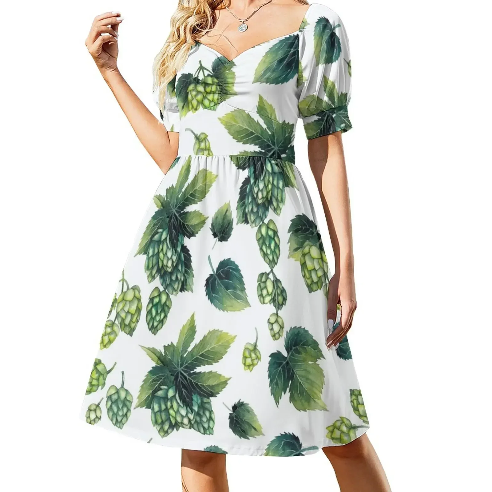 thumbnail image 1 of Vestido de manga corta con estampado de acuarela de lúpulo en la rama, vestido de verano para mujer, vestidos para mujer, vestidos de cóctel., 1 of 8