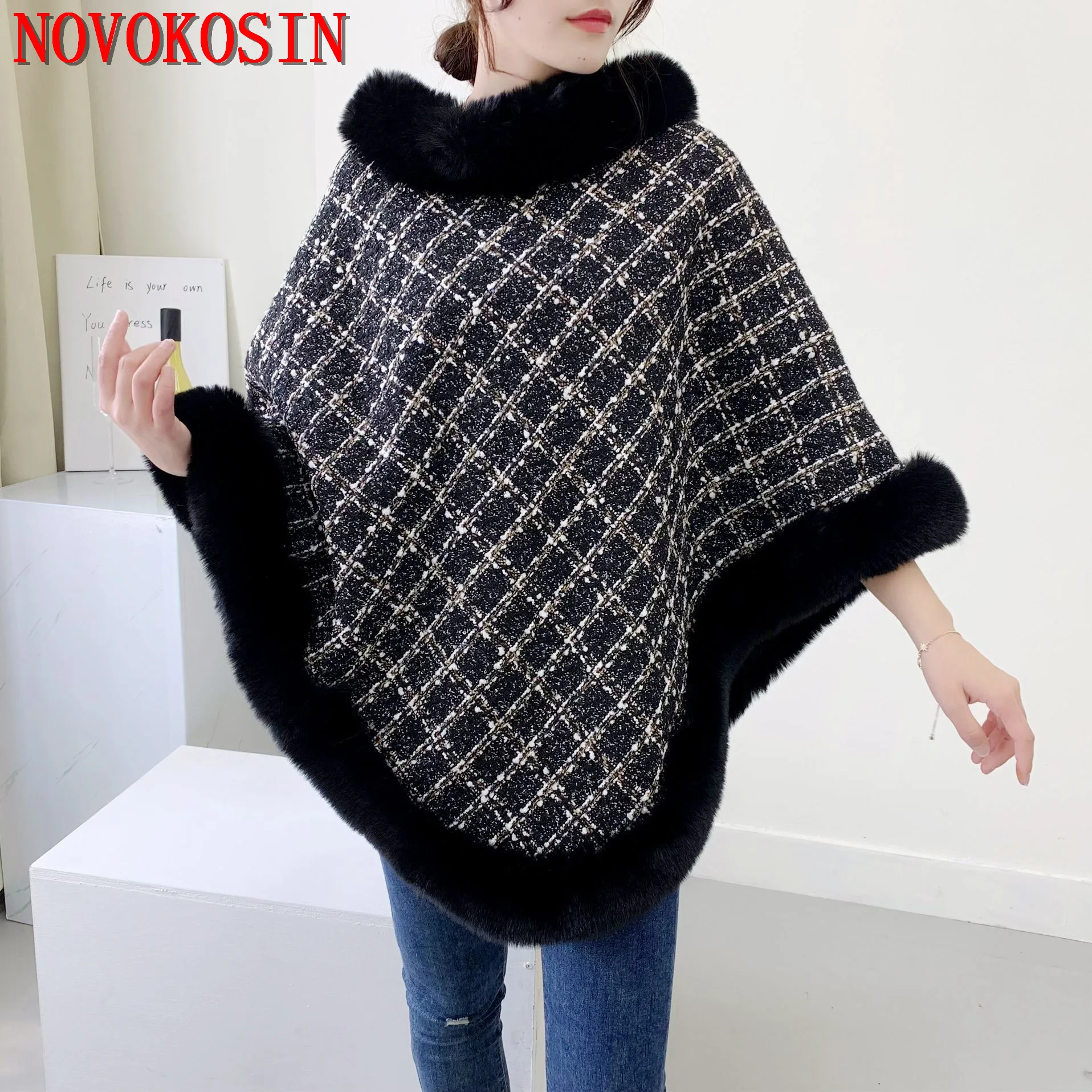 6 Colors 2022 Short Fur O Neck Loose Shawl Cloak Plaid Pullover Women Capes Autumn Winter Knitted Outstreet Shopping Poncho Coat