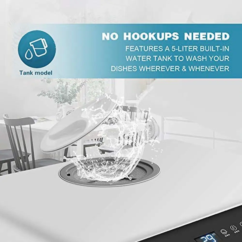 Portable Countertop Dishwasher 5 Washing Programs 3-Cup Water Tank Fruit/Veg Basket High Temp Air Dry LED Controls Compact Size 3