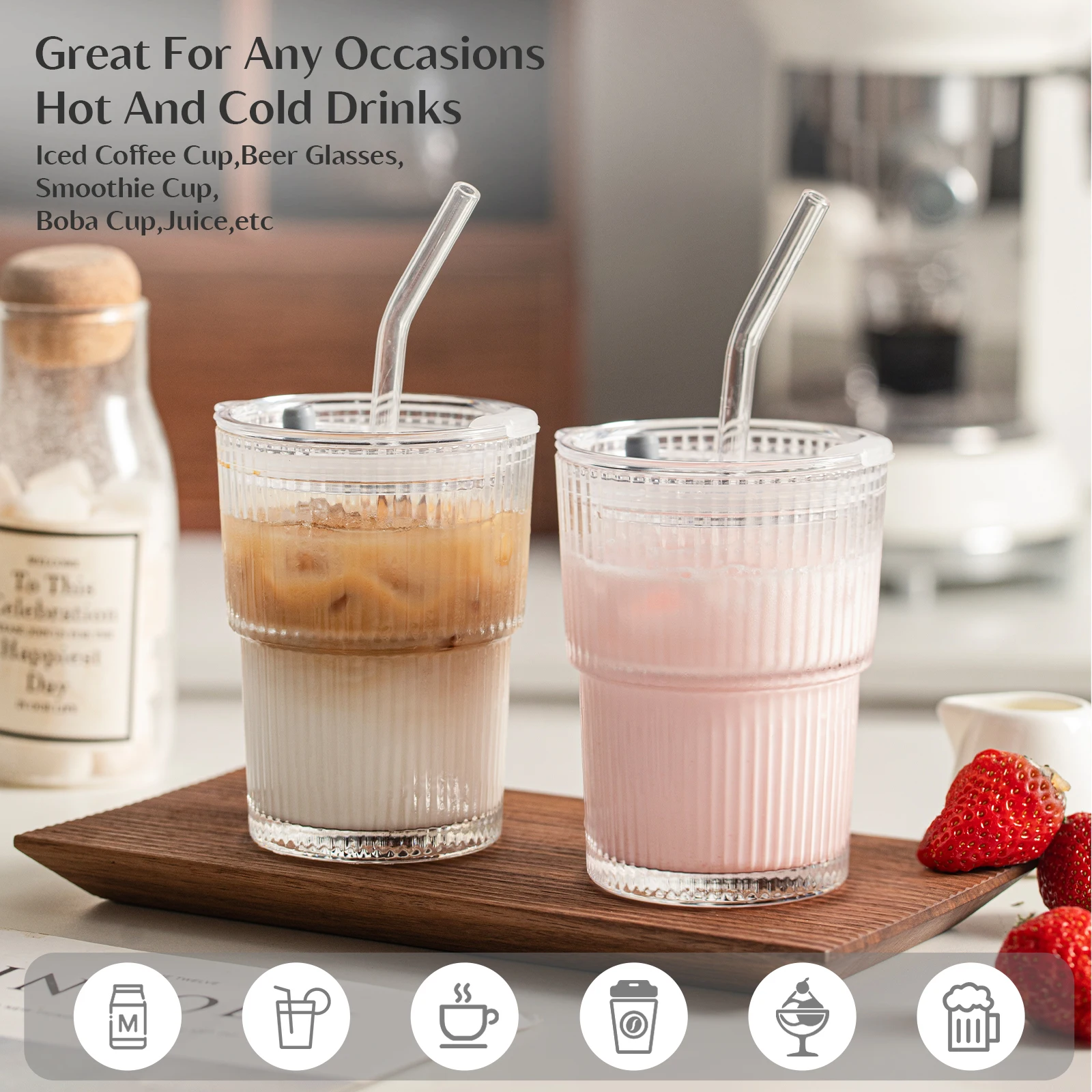 Stripe Glass Cup with Lid and Straw - Angled View
