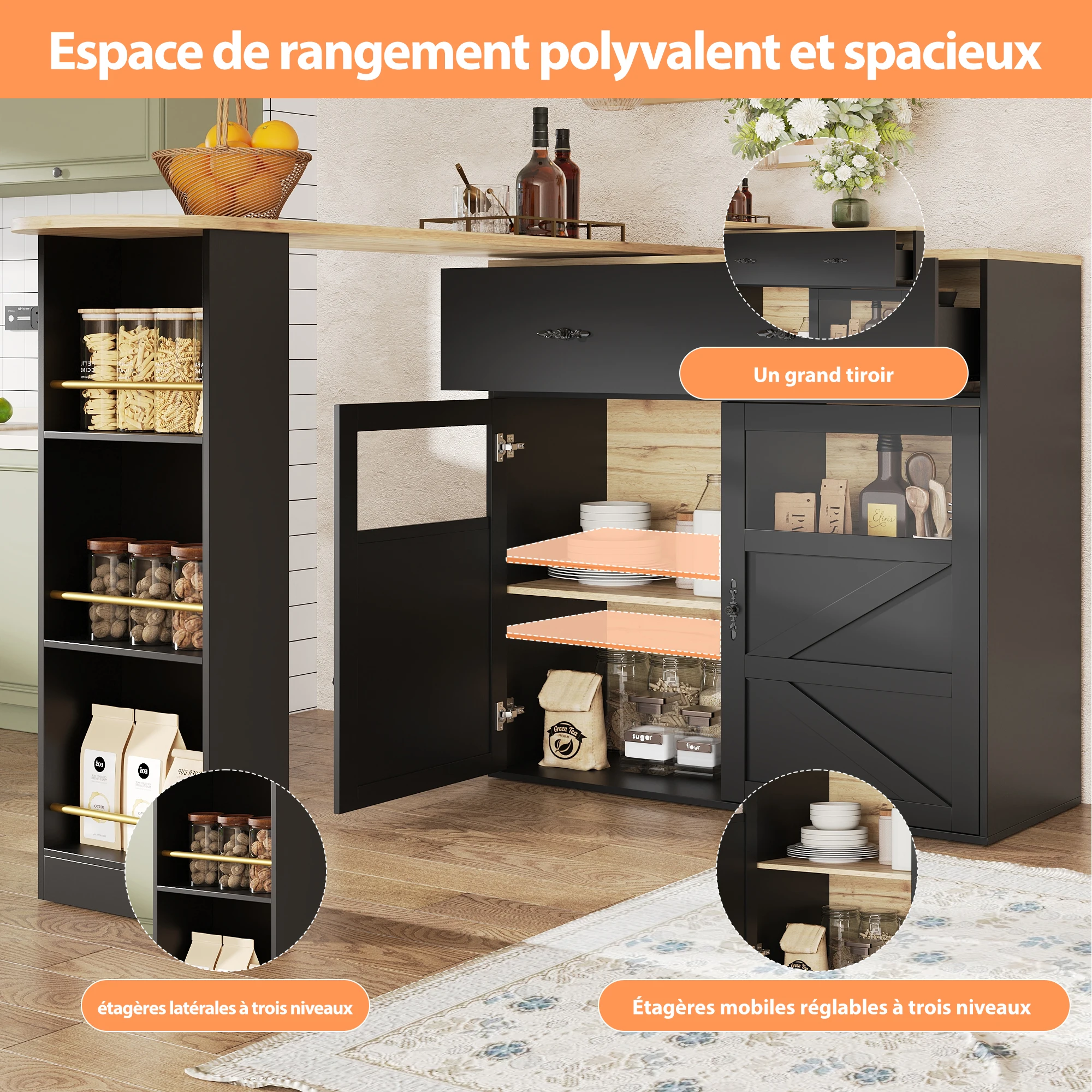 PINGGO-Ausziehbarer Bartisch mit Stauraum, 360 ° Drehbarer Esstisch, Mobiler Bartisch, Hochbeiniger Kücheninsel-Tisch – Detail 5