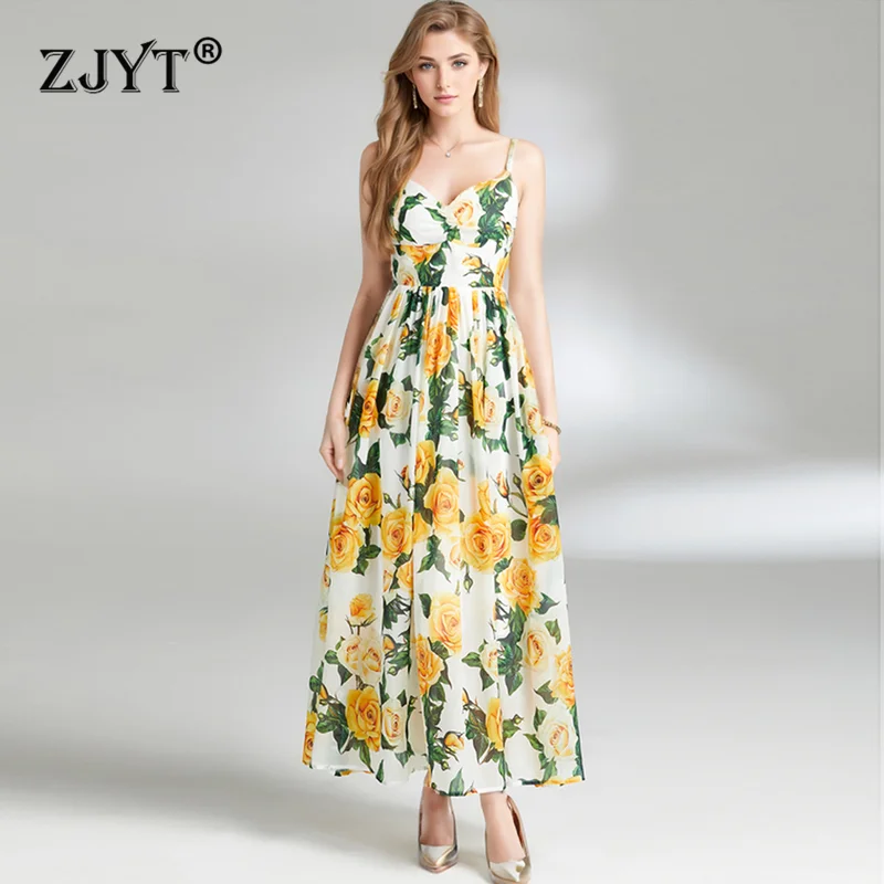 

ZJYT Designer Summer Long Spaghetti Strap Dresses for Women Floral Print Strapless Sexy Backless Dress Vacation Beach Vestidos