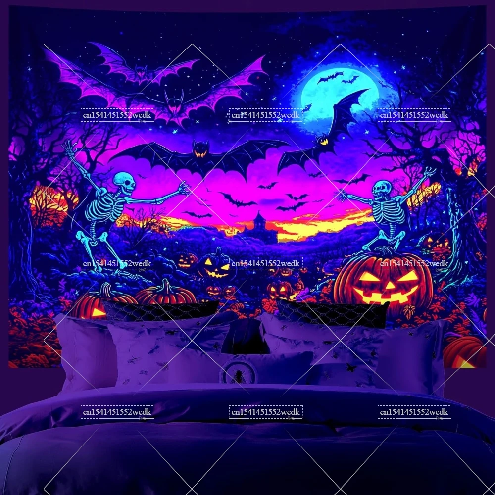Im Dunkeln leuchtender Schwarzlicht-Halloween-Wandteppich, UV-reaktive Kürbislaterne, leuchtende Wandteppiche, Totenkopf, fluoreszierende Party-Hintergründe – Detail 3