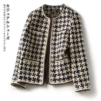 Bright Silk Bright Line Decoration Plaid Vintage O-Neck Long Sleeve Women's Jacket Covered Button Short Jackets Coat For Women 1