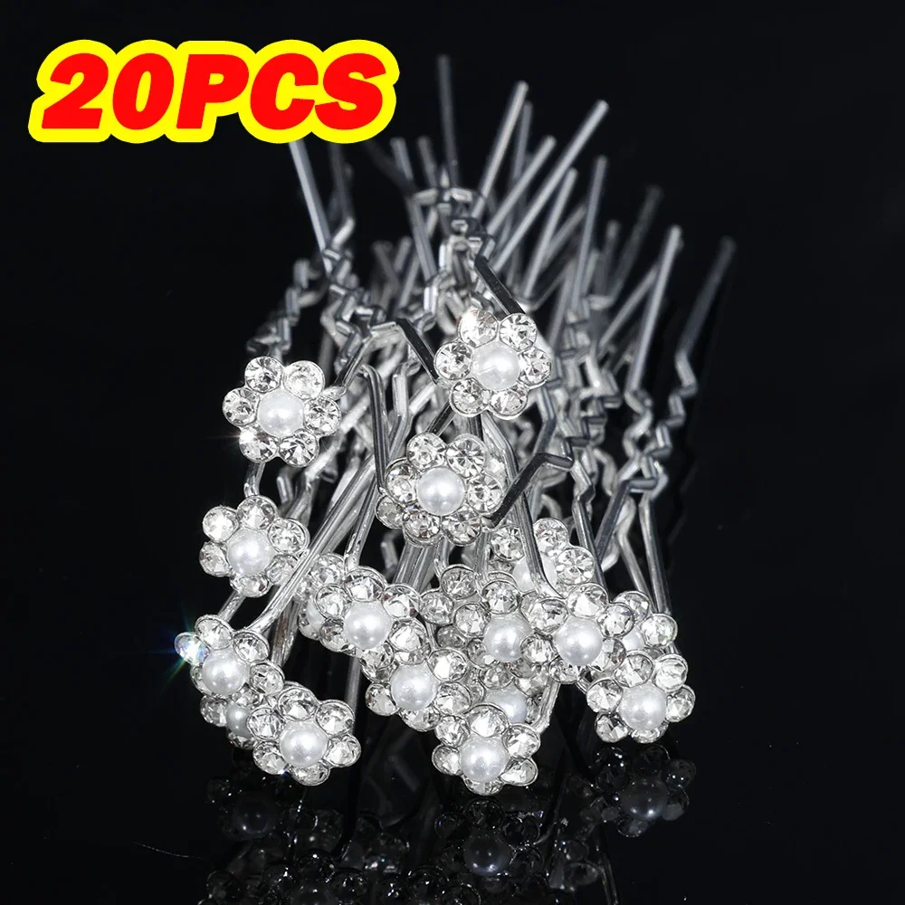 20pcs Silver Crystal & Pearl Flower Hair Pins – Bridal Wedding Party Hair Clips