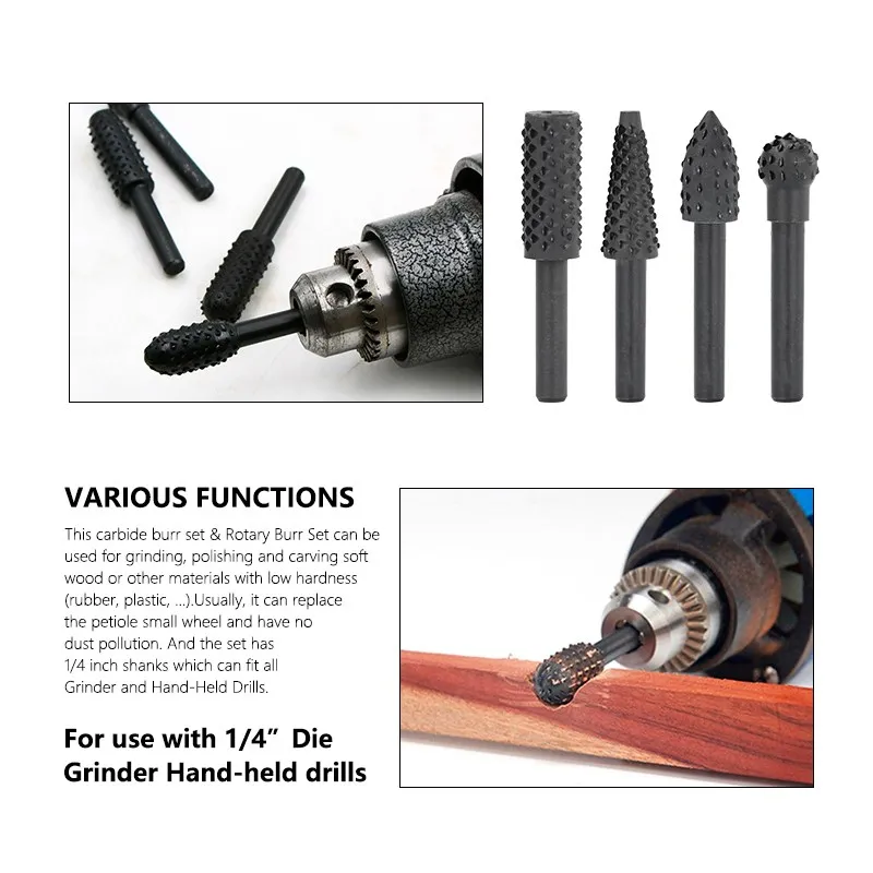 XCAN 1/4'' Shank Rotary Burr Set Grinder Rasp File Carpentry Cutting Tools DIY Drill Bit Set Woodworking Carving Tool 10PCS