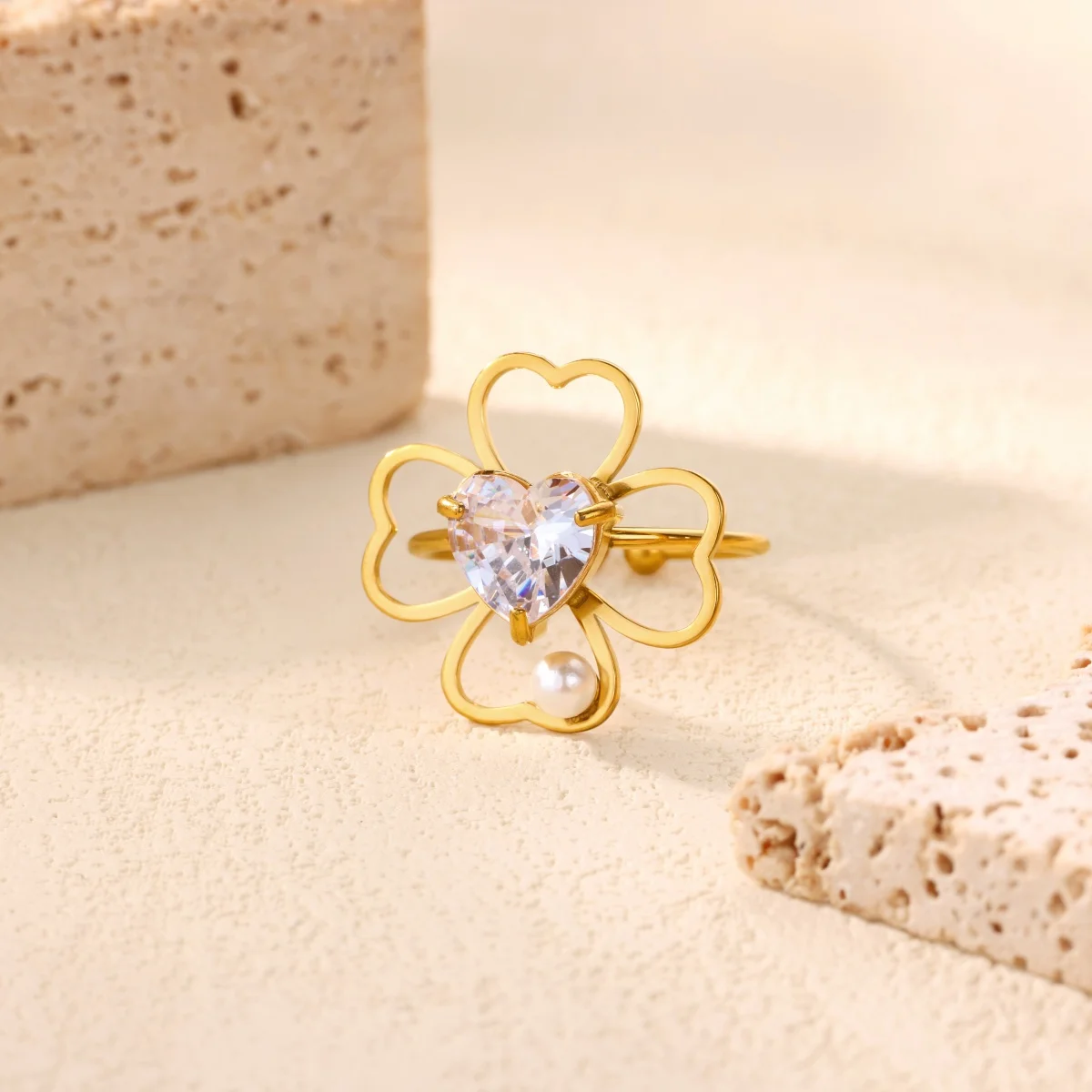 Zircon Heart Pearl and Leaf Ring Gold Women Ring