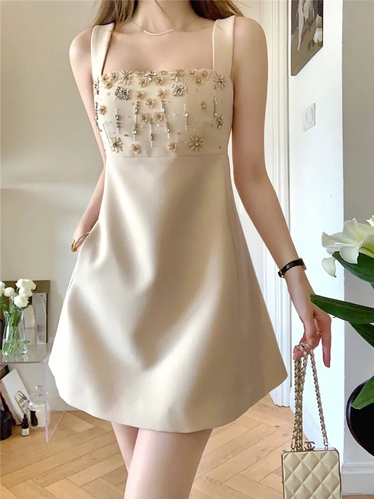 

Sexy New 2024 Spring Summer Mini Dress Slash Neck Beads Sleeveless A Line Elegant Party Dress Fashion Slim Suspender Tank Dress