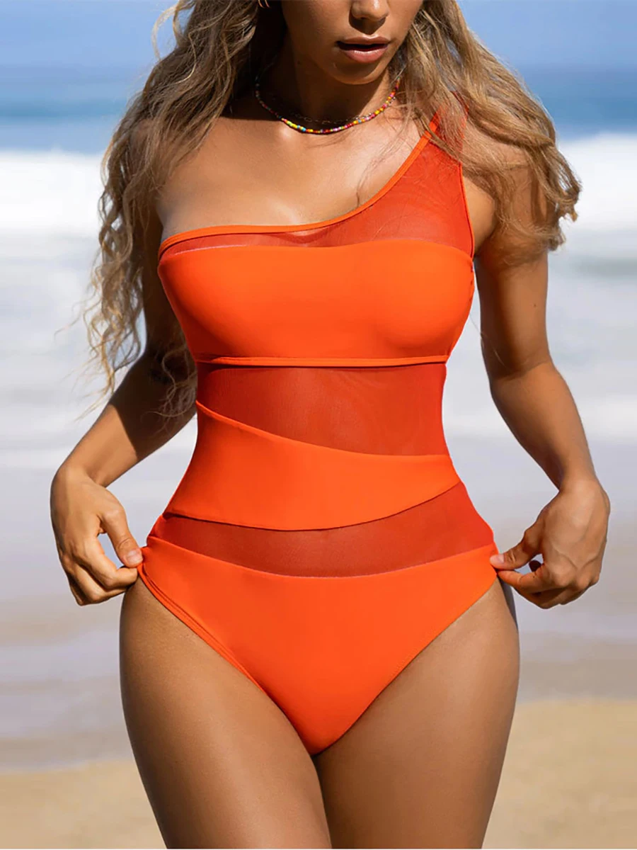 

Sexy One Piece Swimsuit Woman 2023 One Shoulder Swimwear Mesh Female Monokini Swimming for Women Bathing Suit Bodysuit Beachwear
