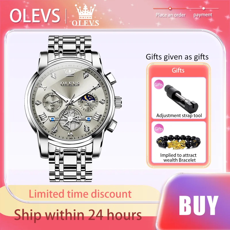 OLEVS Top Original Wristwatch Roman Scale Quartz Watch For Men Luminous Moon Phase Waterproof Man Dress Men's Watch Chronograph komatsu wa475 10 wheel loader 1 50 scale diecast model uh8146 new in original box