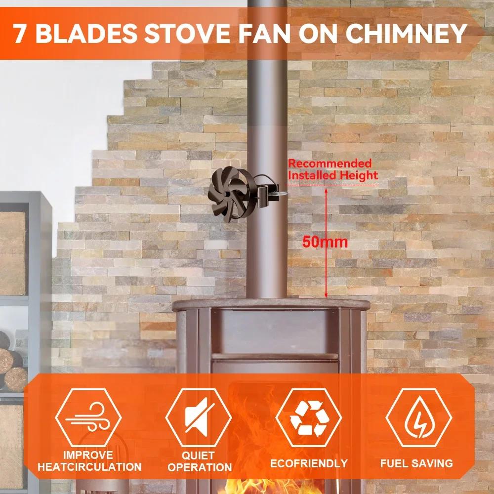 7 Blades Black Fireplace Fan Multifunction Log Wood Burner Ecological Efficient Home Heat Distribution Quiet Stove Fan