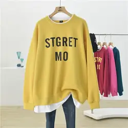 Casual Fake Two Piece Sweatshirts Spring Autumn New Solid Long Sleeve Letter Print Loose Pullovers Fashion Korean Women Clothing