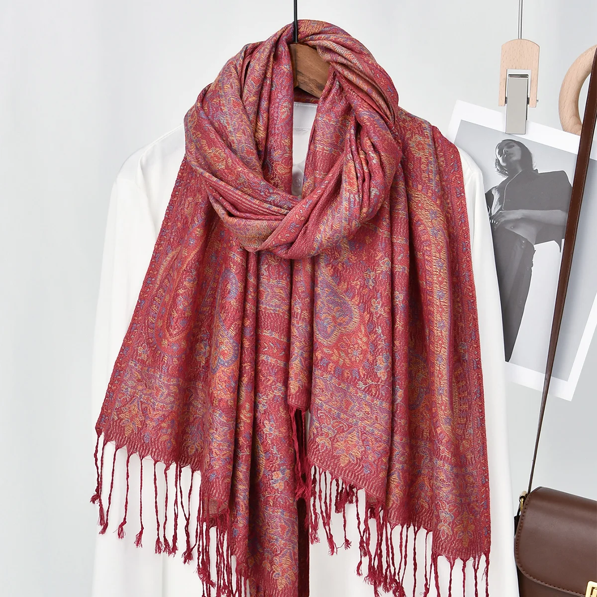 Grand Châle Pashmina Jacquard – 190x70 Cm – Coton Mélangé Marron – Foulard étole