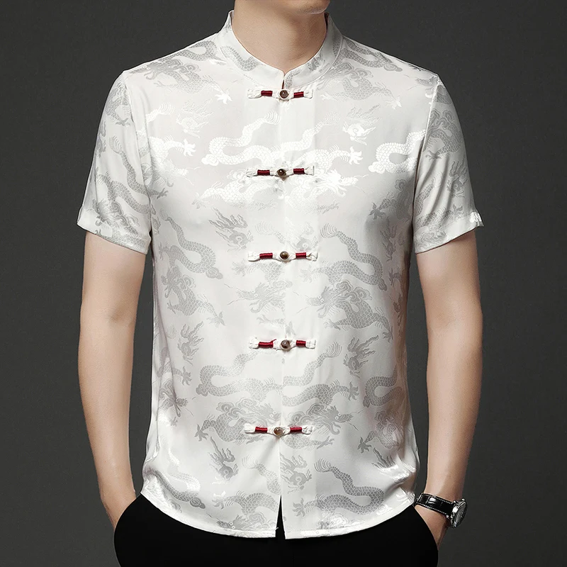 Men's China Traditional Dragon Pattern Soft Silk Shirt Summer Fashion Stand Collar Tops Male Short Sleeve Silk Dress