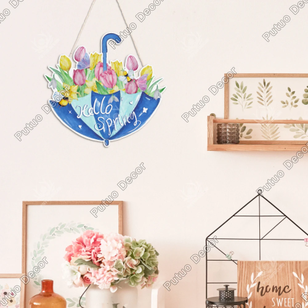 

Putuo Decor 1pc Umbrella Wooden Round Hanging Decor, Hello Spring, Wall Art Decor for Home Farmhouse Cafe Florist's Shop, Gifts