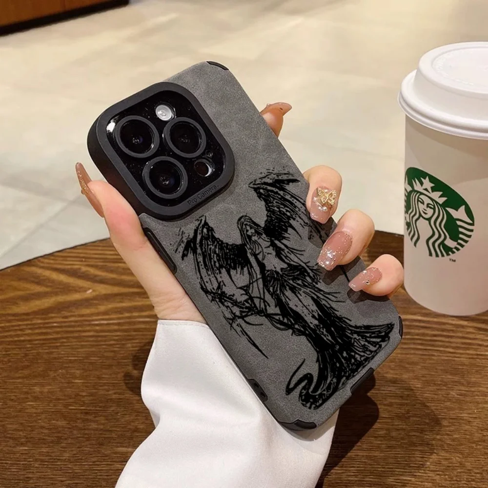 Elegant Black Angel Demon Suede Leather Silicone Phone Case - Luxury Soft Cover