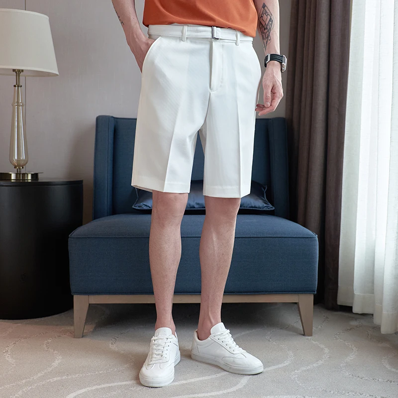 

New Fashion Mens White Bermuda Shorts Matching Belt Korean Style Summer Straigh Knee-length Short Pants