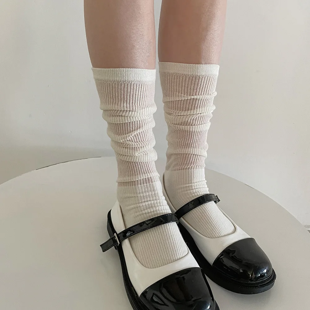 

JK Summer Pile Socks Vertical Stripe Pile Pile Middle Tube Socks Ballet Sock Party DRESS Thin Transparent Calf Socks Women Socks