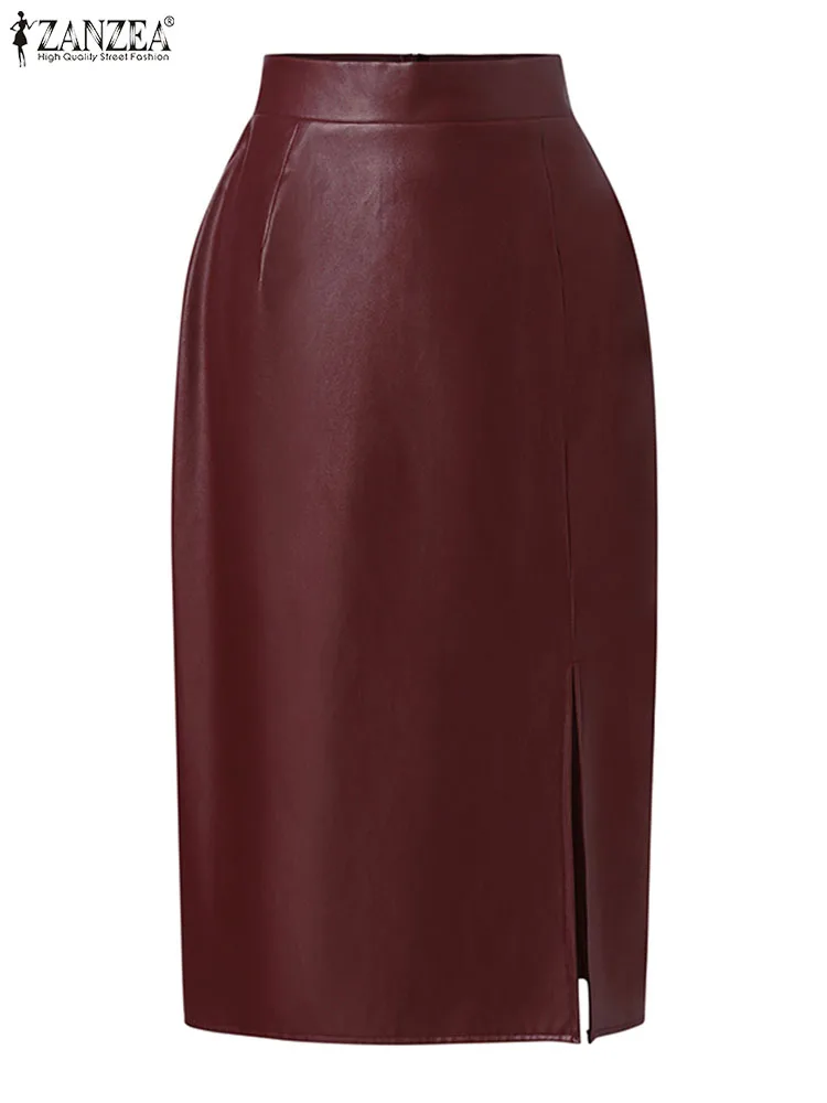 패션 사이드 슬릿 스커트 ZANZEA PU 가죽 여성 우아한 하이 웨이스트 Bodycon Sheath Midi Jupes 2023 가을 섹시한 슬림 Faldas Mujer