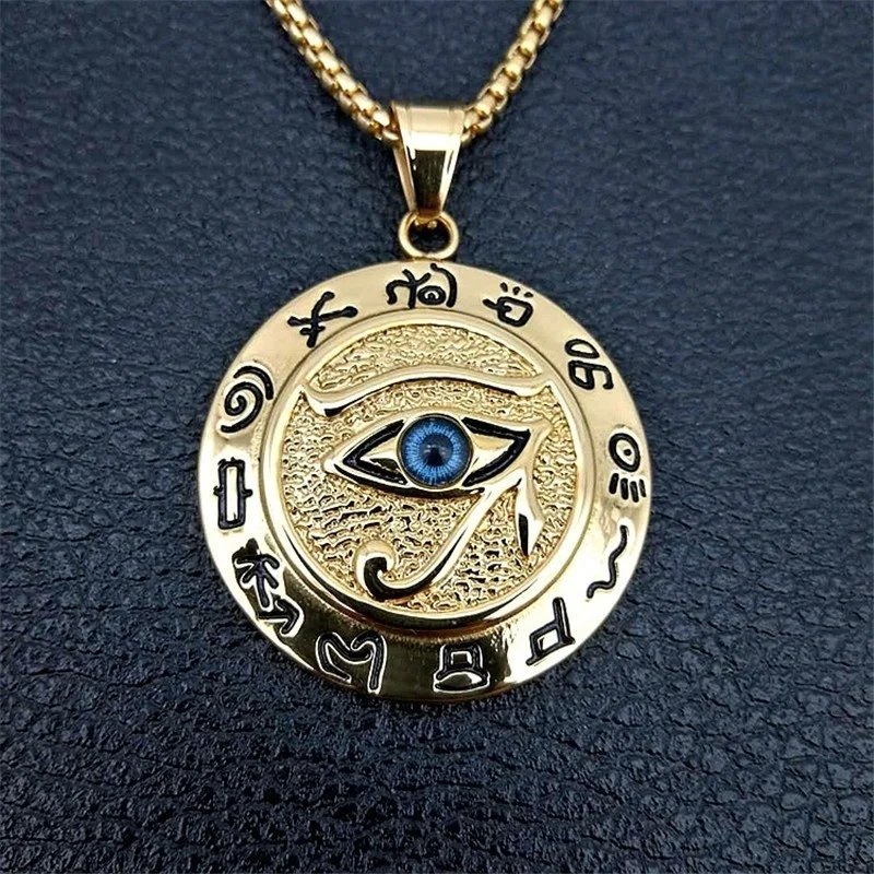 Eye of Horus Muslim Rune Pattern Round Pendant Necklace Men's Necklace Sliding Pendant Metal Necklace Amulet Accessory Jewelry - Image 3