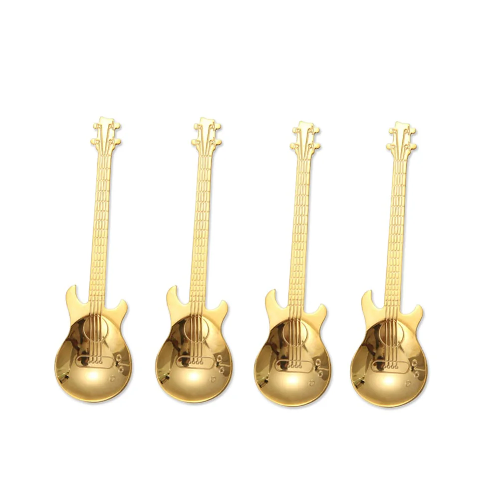

4pcs Guitar Coffee Spoon Stainless Steel Coffee Mixing Spoon Cold Drink Tea Tools Kitchen Accessories (Gold)