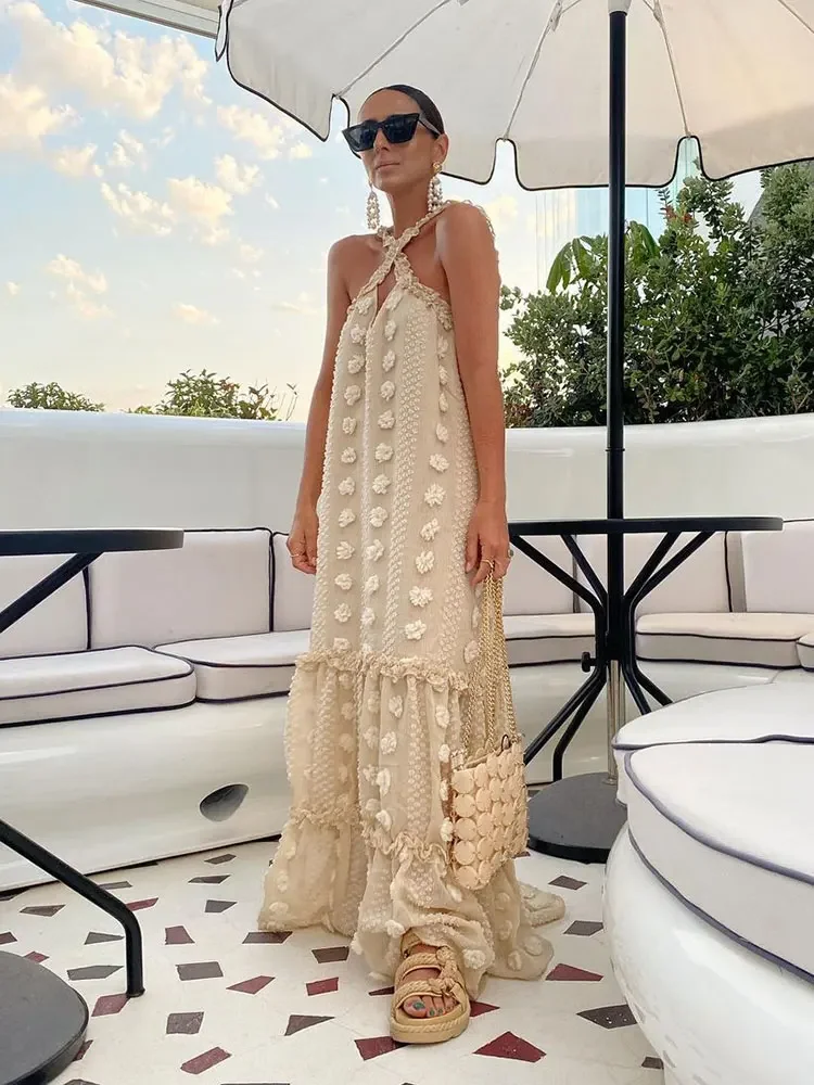 Three-Dimensional Flower White Maxi Woman Crochet Dress for Summer 2024 Tunic Beach Dresses  Cover Ups for Swimwear Women