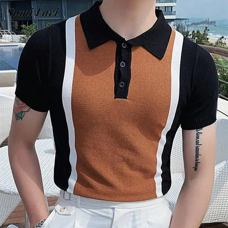 

Vintage Striepd Knitting Polo Shirt Mens Casual Butotn-up Lapel Knitted Tops Streetwear Men Leisure Slim Fit Patchwork Polo Top