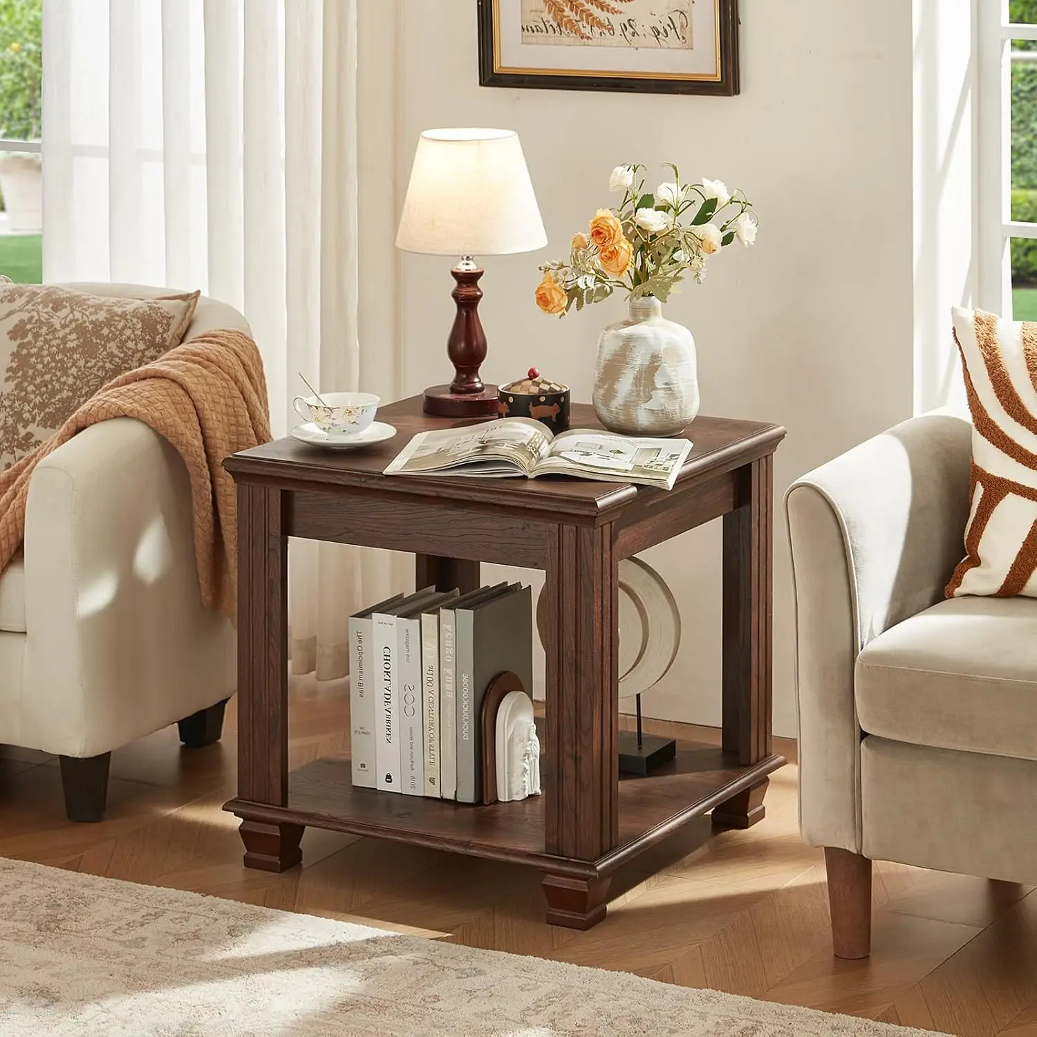 Farmhouse End Table,Large Side Table with 2-Tier Storage Shelf,Rustic Brown End Tables