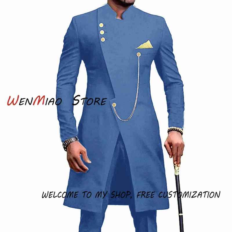 Indian Style Men's Suit 2-piece Suit Navy Blue Groom Wedding Tuxedo Blazer Single-breasted Long Jacket XS-5XL