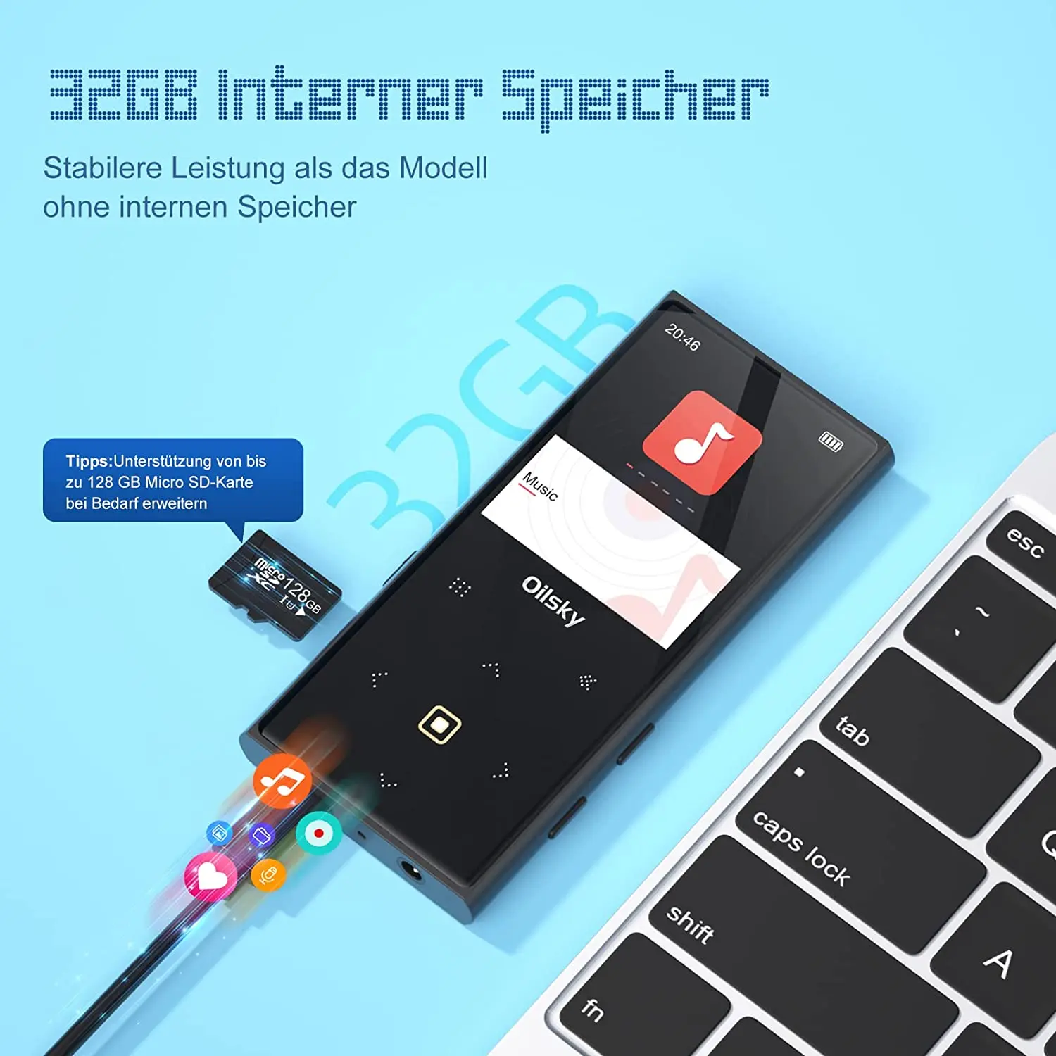 64GB MP3 Player, Bluetooth 5.0, Oilsky Portable Digital Lossless Music Player, Built-in Speakers, Touch Button, Up to 128GB