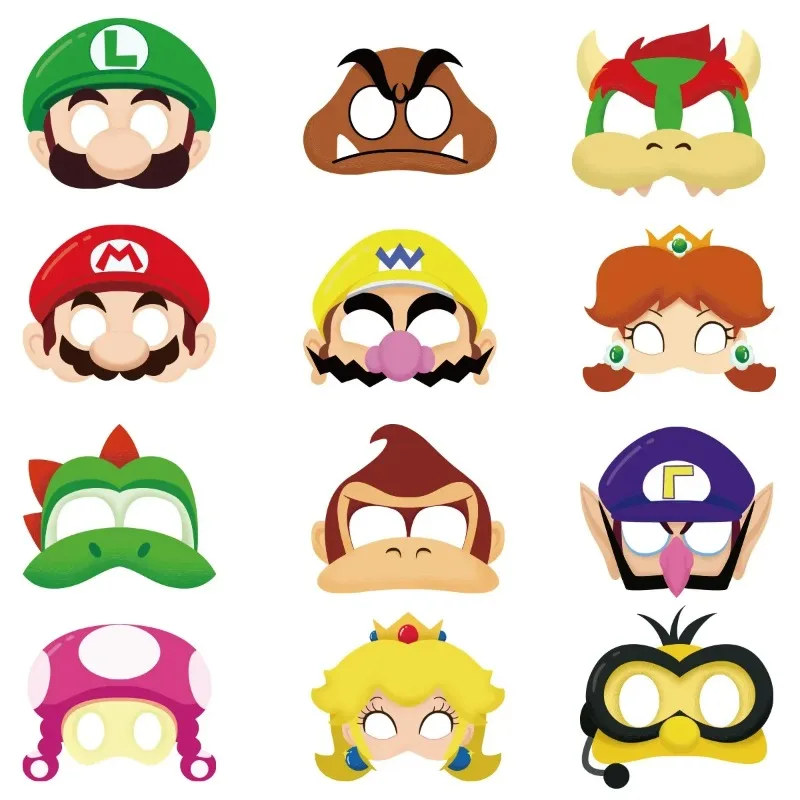 

12pcs Super Mario Theme Party Half Face Mask Decoration Children's Birthday Cosplay Props Makeup Ball Photography Paper Mask