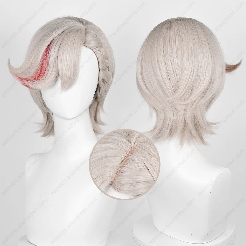 Lyney Cosplay peruca curta com destaques vermelhos, loiro cinza, resistente ao calor, cabelo sintético, Dia das Bruxas, 32cm