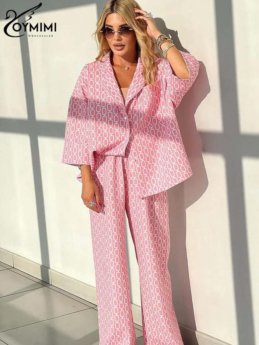 Oymimi Casual Pink Print Sets Womens 2 Piece Fashion Loose Three Quarter Sleeve Pockets Shirts And Straight Trousers Female Sets outfit pink trouser suit floral two piece set pants for women top and blazer womens 2 pant sets wholesale bulk classy luxury xxl