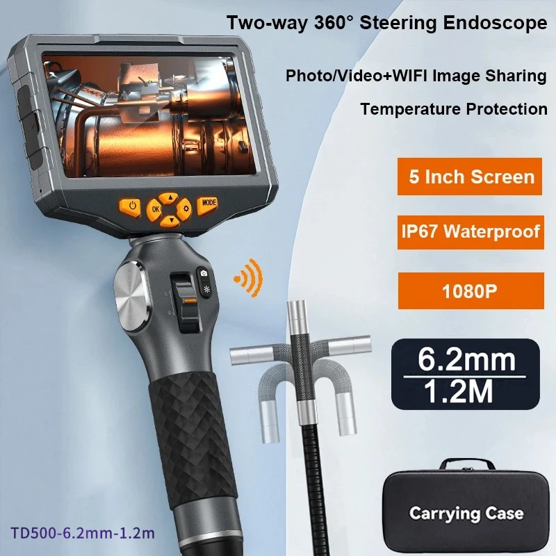 TD500 5인치 IPS 스크린 6.2mm 렌즈 양방향 360 °   스티어링 내시경..