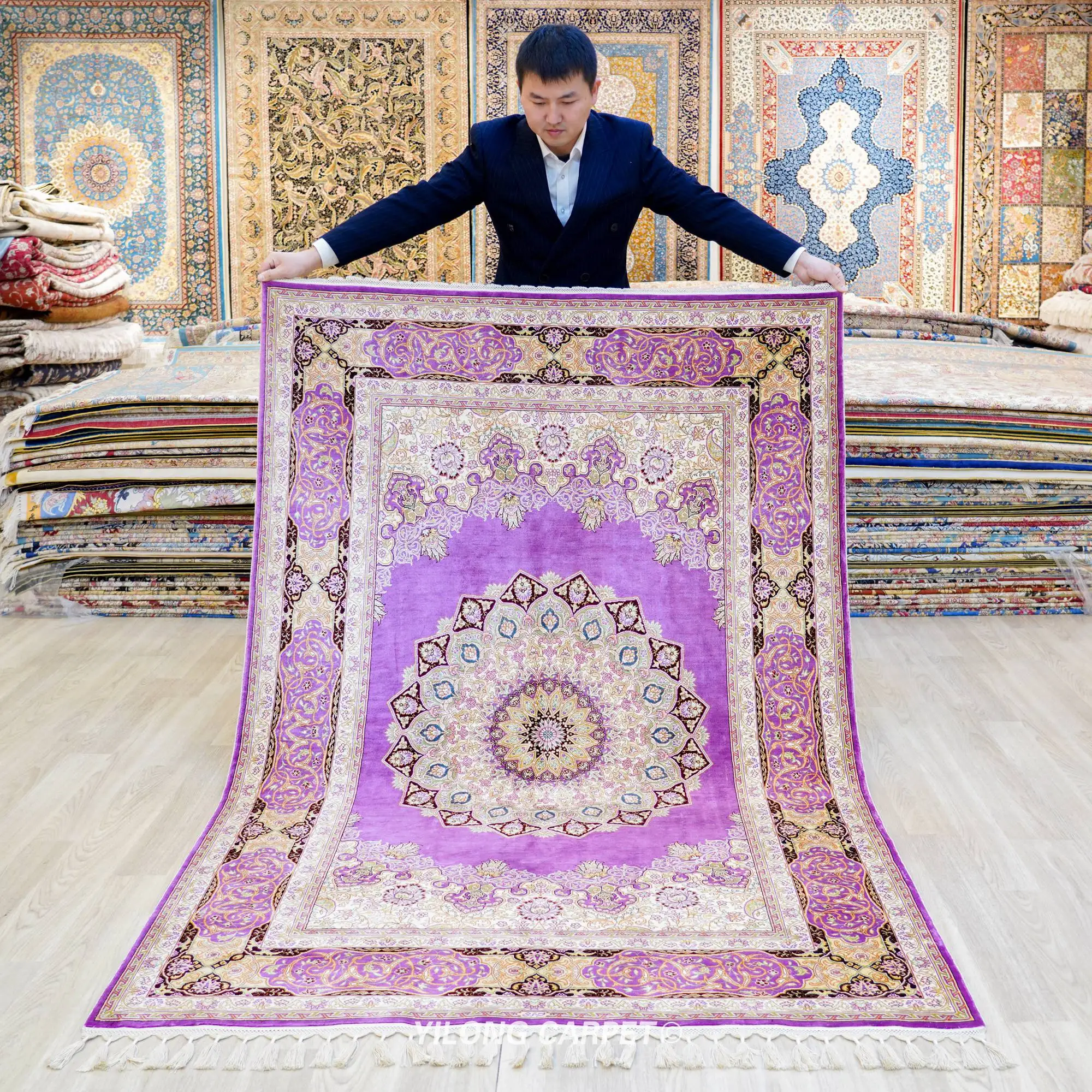 Yilong 4.3'x6.2' Traditional Persian Silk Carpet Purple Medallion