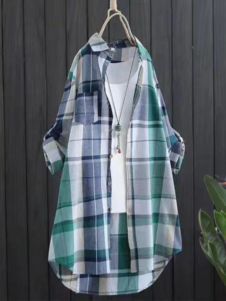 Plus Size Cotton Mid Length Plaid Print Women Autumn Shirts Casual Female Korean Fashion Long Sleeve Single-breasted Blouses Best Sellers In Plus Sized Clothing