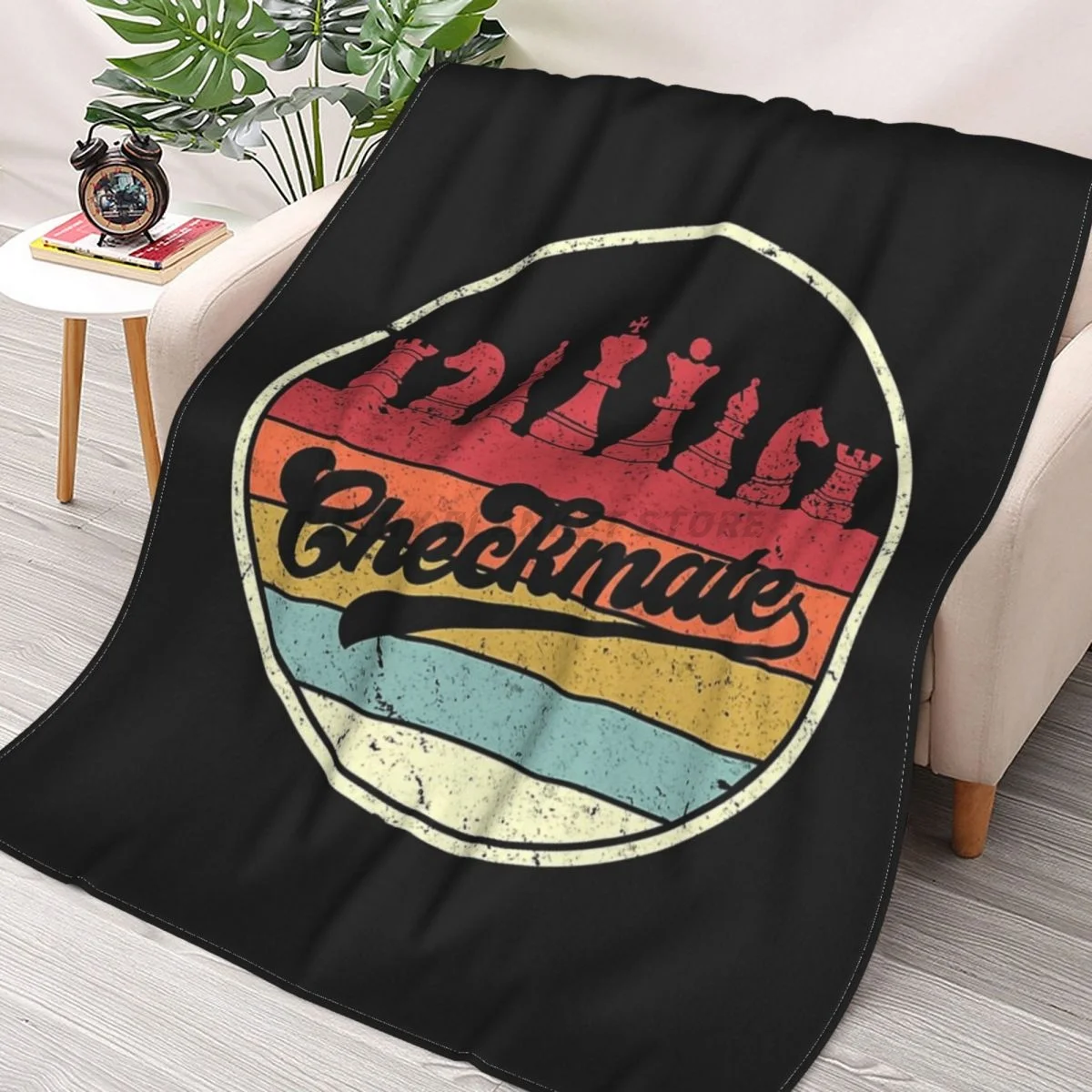 

Funny Chess Graphic. Retro Checkmate Design Throws Blankets Collage Flannel Ultra-Soft Warm picnic blanket bedspread on the bed