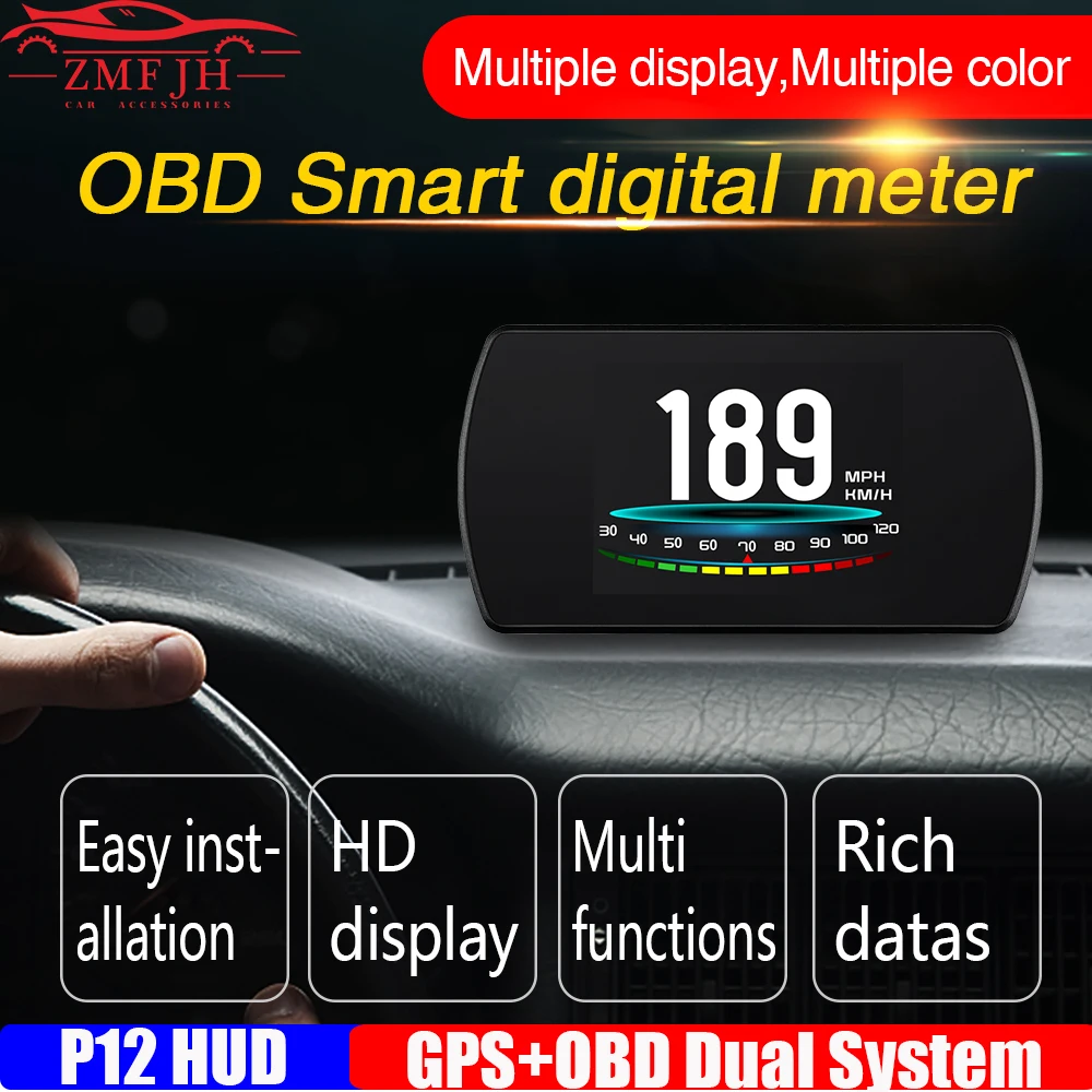 

P12 Car HUD OBD2+GPS Dual System Head Up Display Car Gauge Smart Digital Meter Speed Fuel Read Fault Code Car Driving Computer