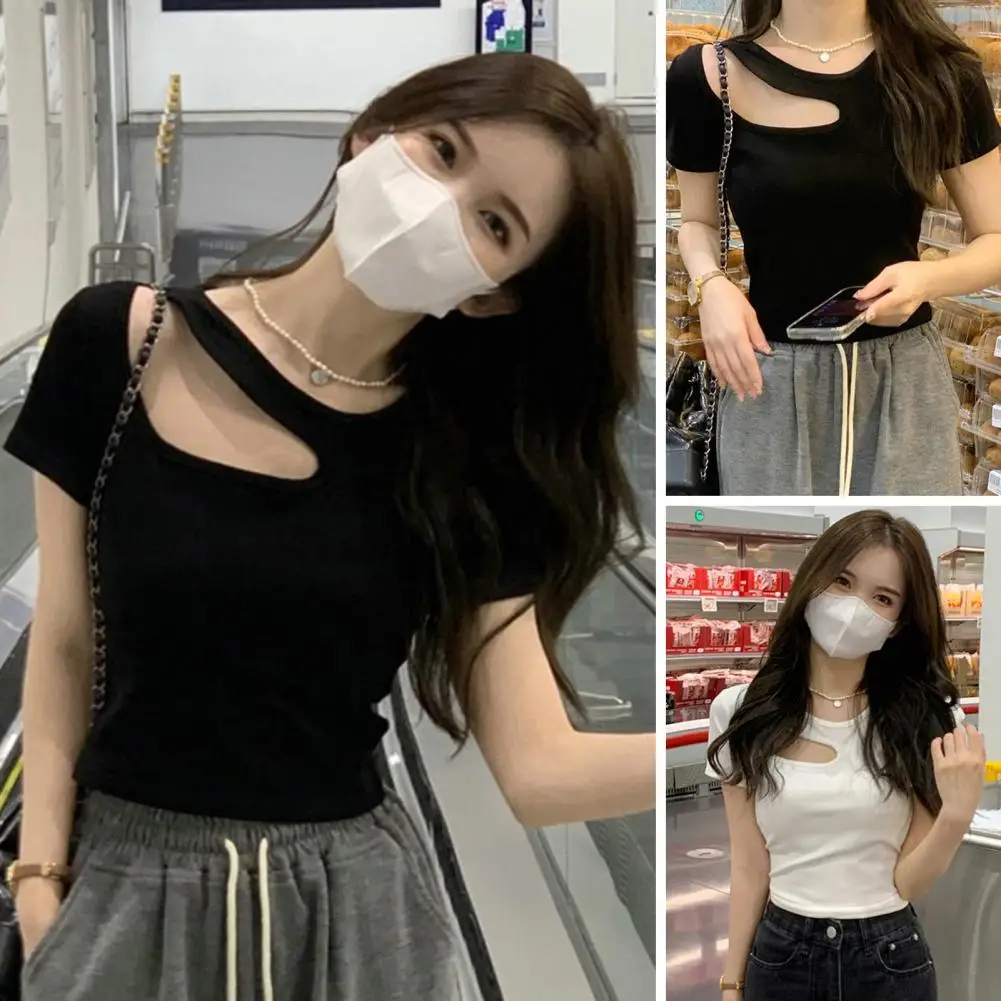 

Summer Cropped Top U-Neck Hollow Out Short Sleeves Solid Color Pullover Casual Wear Slim Sexy Short T-shirt Ladies Bottom Shirt