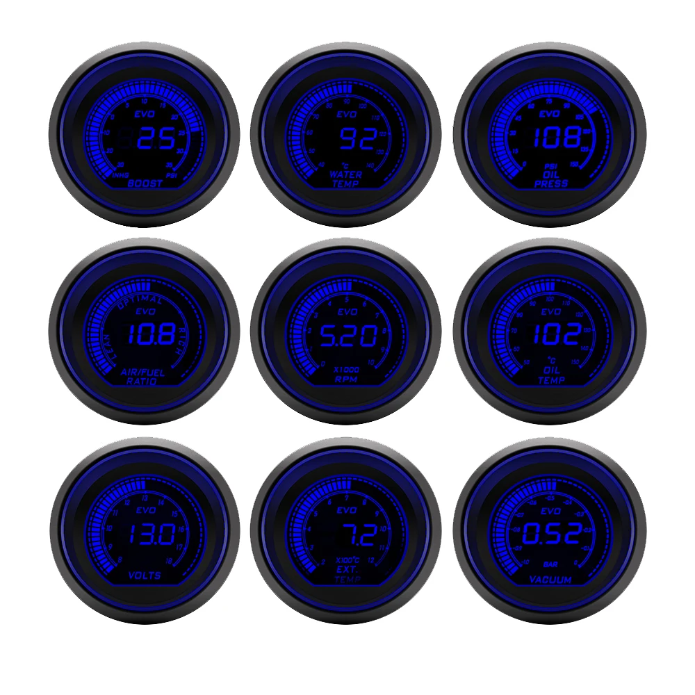 52mm Tachometer RPM Water Temp Oil Temp Oil Press Exhaust Voltmeter Boost Vacuum AFR Gauge Red Blue Backlight LCD Display automobile gauge led voltmeter lcd gauge voltmeter water temperature gauge boat gauge motorcycle temperature gauge